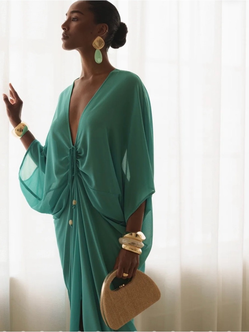 JLUXLABEL Teal Deep V Ruched Maxi Dress - Picture 2 of 7